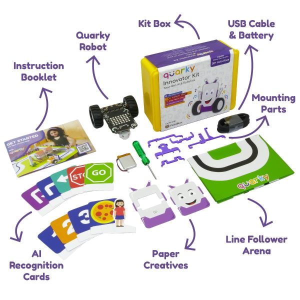 Quarky Innovator Kit components - Quarky robot, USB cable & battery, AI recognition cards, and much more for hands-on AI learning