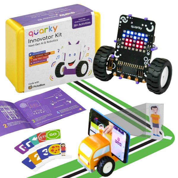 Quarky Innovator Kit components - Quarky robot, recognition cards, and 30+ activities like self-driving car, and many more.