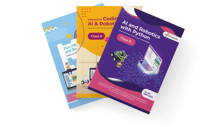 Three STEMpedia textbooks for students in grades 3, 6, and 9, covering AI, coding, and robotics.