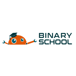 Logo of Binary School, featuring an orange robot wearing a graduation cap and holding a wrench.