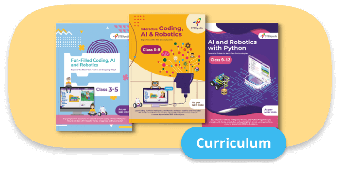 Three STEMpedia textbooks for students in grades 3-5, 6-8, and 9-12, covering AI, coding, and robotics.