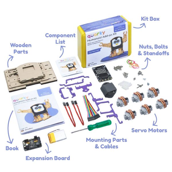 Quakry Humanoid Add-on Kit components - Nuts, bolts & standoffs, mounting parts & cables, servo motors, wooden parts and much more for hands-on learning.