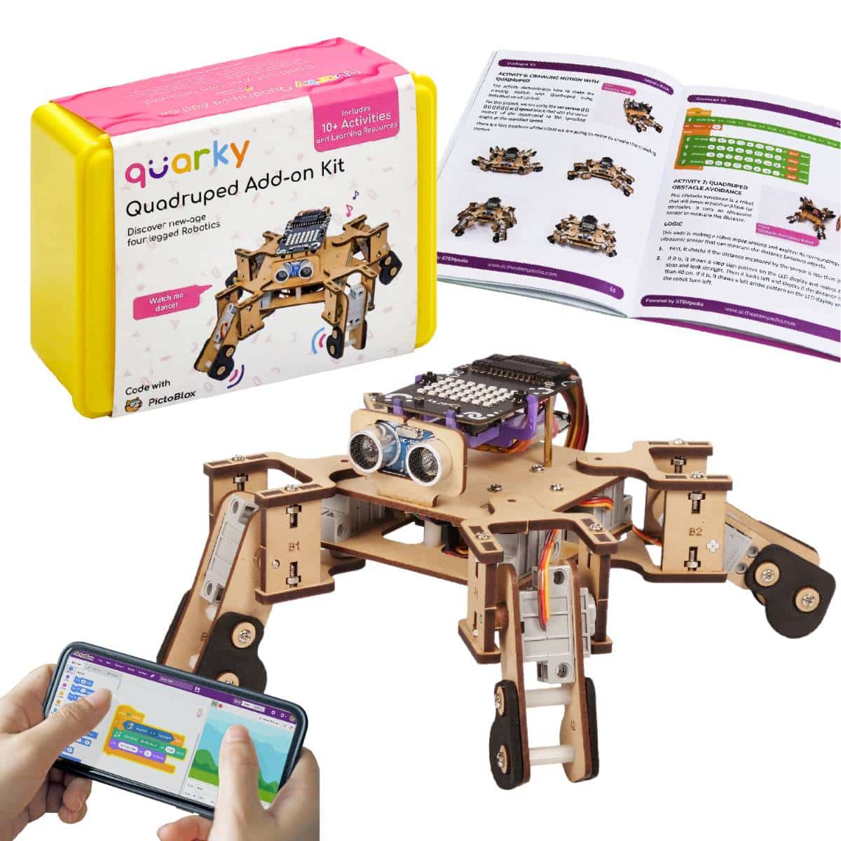 Four-legged Quarky Quadruped robot controlled by a smartphone app named PictoBlox