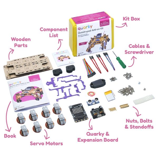 Quarky Quadruped Add-on Kit components: Sensors, expansion board, cables & screwdrivers, servo motors, and etc.