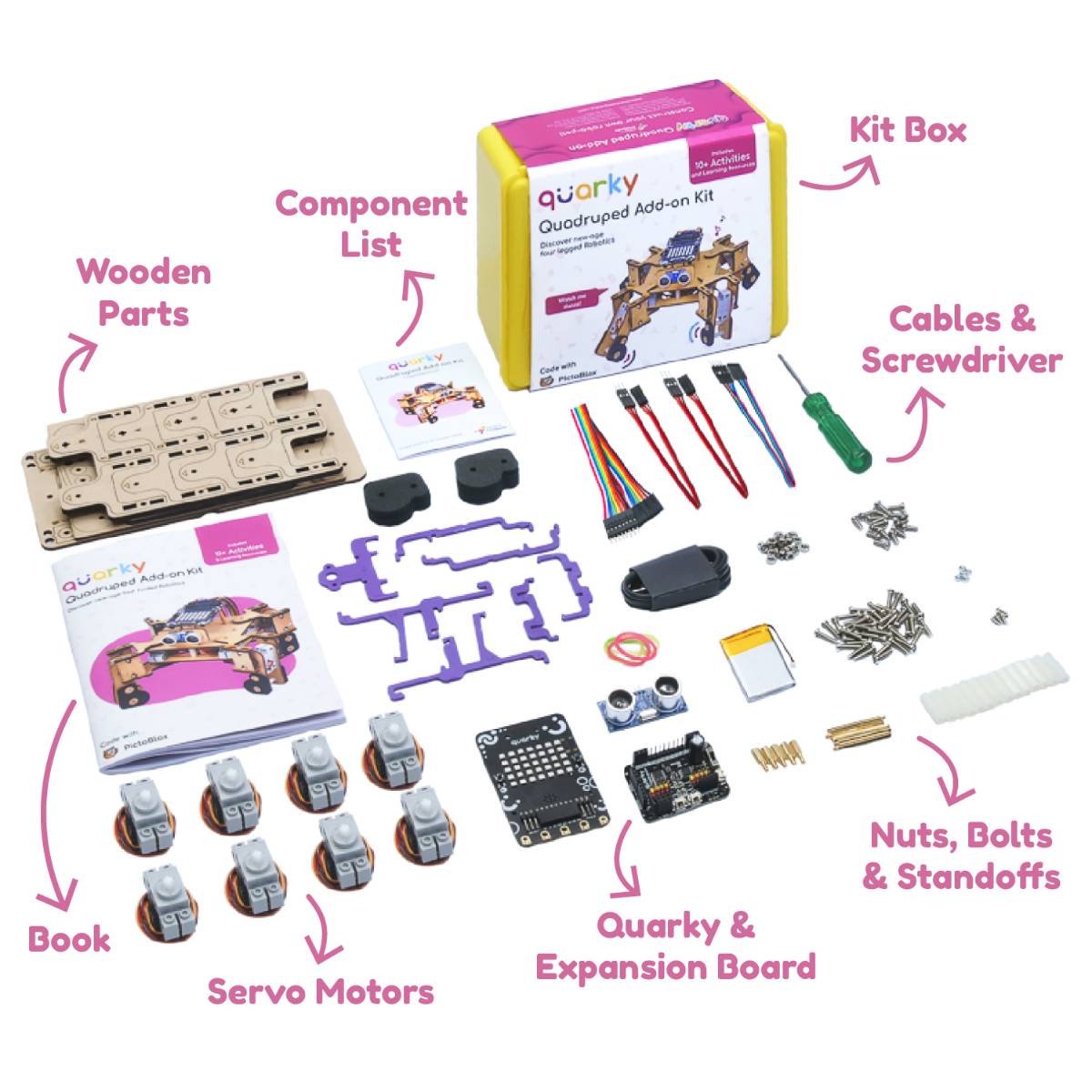 Quarky Quadruped Add-on Kit components: Sensors, expansion board, cables & screwdrivers, servo motors, and etc.