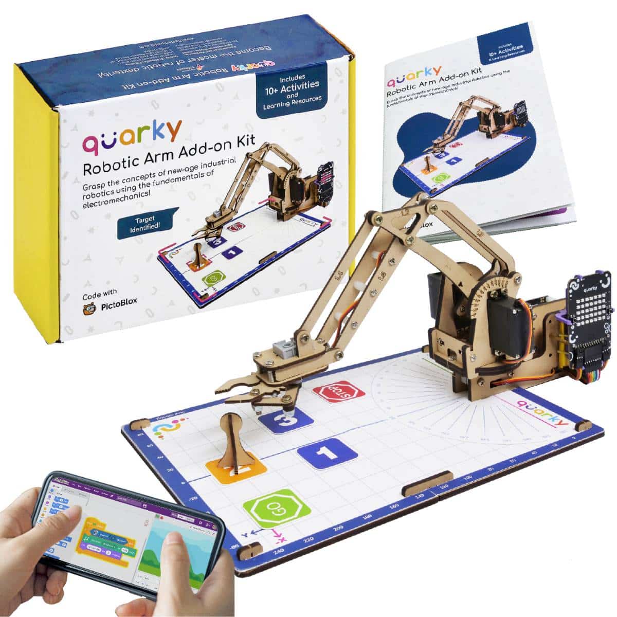 Quarky Robotic Arm controlled by a smartphone, precisely picks and places objects on its base arena.