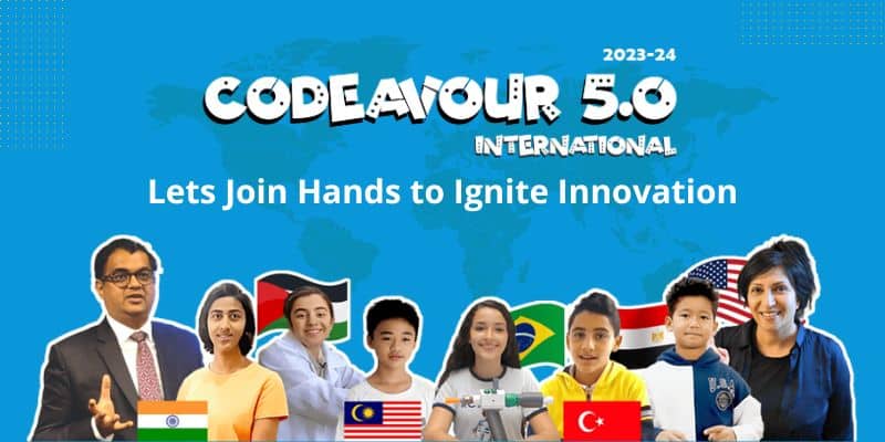 Codeavour 5.0 International banner showcasing youthful participants and esteemed sponsors united for fostering innovation.
