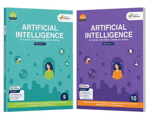 Two STEMpedia textbooks on artificial intelligence: 'Artificial Intelligence in Action with Python: A Hands-On Journey' for CBSE Class 9 and 'Artificial Intelligence with Python & Hands-On Journey' for CBSE Class 10, both designed to teach Python programming concepts and their applications in AI.