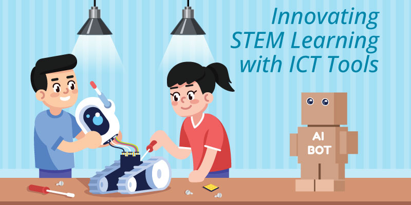 Two kids with a robot and gadgets symbolize fun in STEM education with ICT tools.