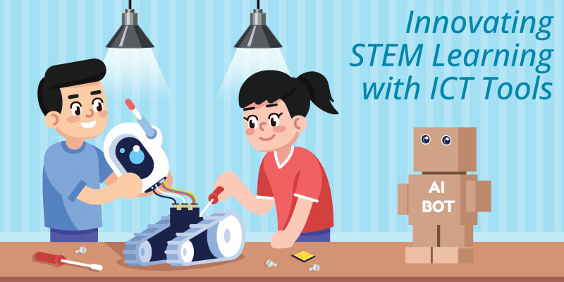 Two kids with a robot and gadgets symbolize fun in STEM education with ICT tools.