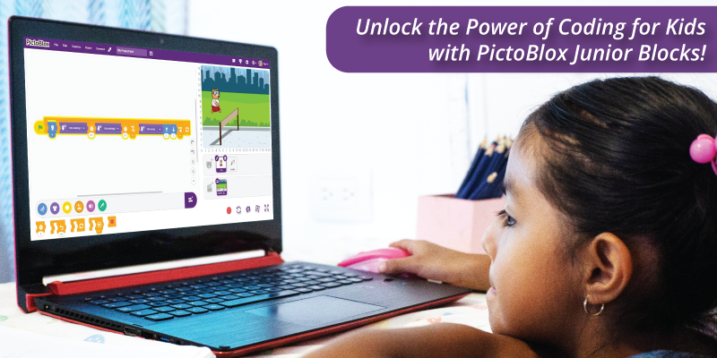 An elementary school girl is learning to code and make a Hurdle Race Game using PictoBlox Junior Blocks