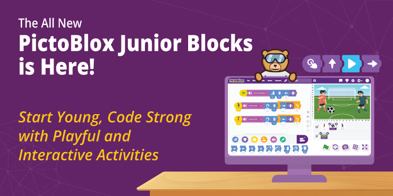PictoBlox Junior Blocks for Pre-Primary, Primary, Elementary, and Kindergarten students to learn coding, featuring a Block coding interface and a soccer game project, promoting coding for kids ages 4-7