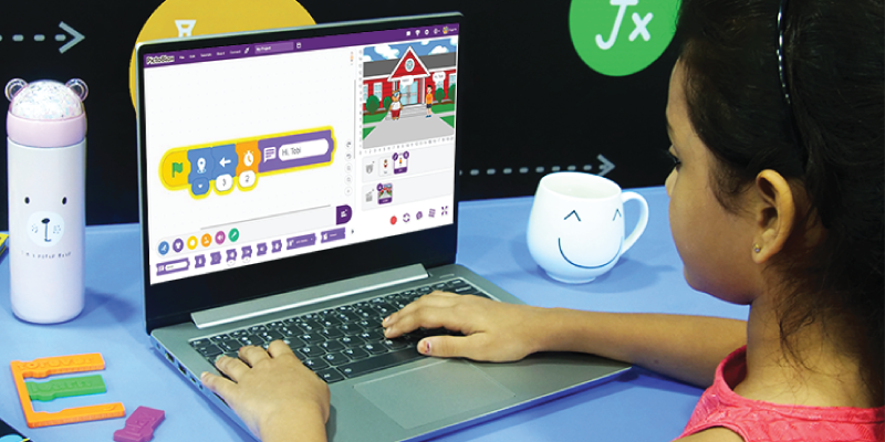 Image showcasing how a 6-year-old can create and animate a story with coding using PictoBlox Junior Blocks