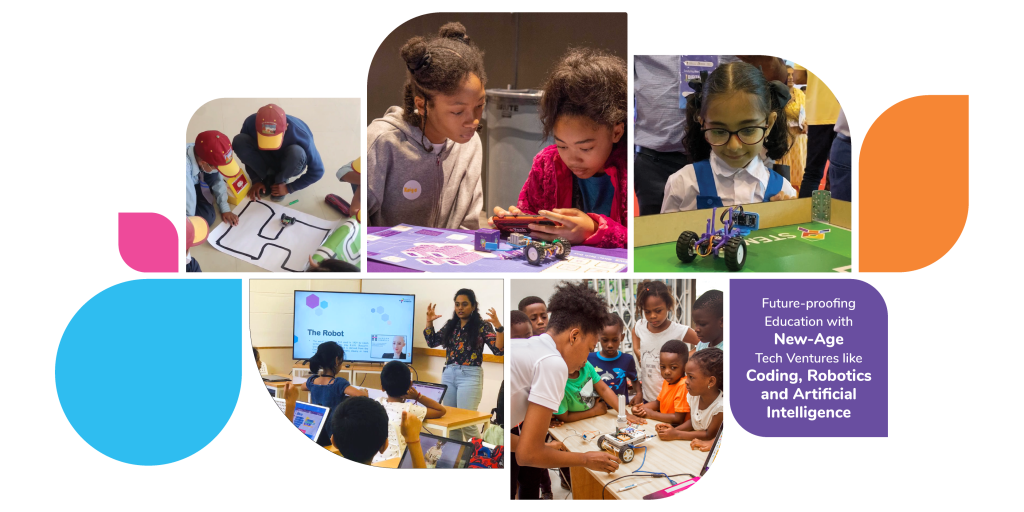 Collage of diverse children engaging in STEM activities, including AI, Robotics, and Coding, at educational events 