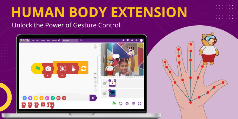The image showcases the PictoBlox software's Human Body Extension, highlighting its gesture control capabilities