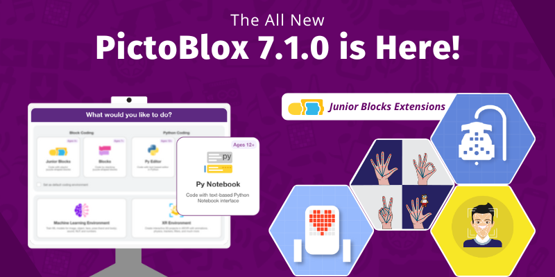 Featured image showcasing the latest PictoBlox software updates, Junior Blocks Extension, and Python NoteBook Environment in PictoBlox