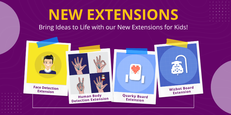 Image showing new PictoBlox Extensions for kids ages 4-7 on colorful sticky notes
