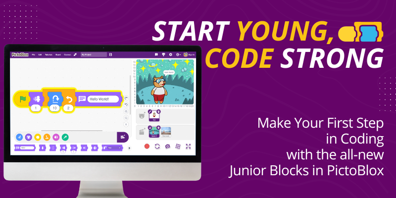 Start young and code strong with PictoBlox Junior Blocks, featuring a user-friendly coding interface for children on a computer screen