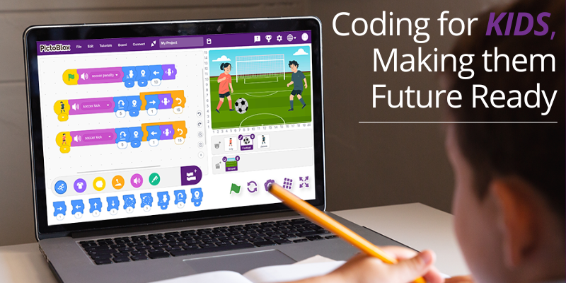 Child coding on a laptop using PictoBlox's Junior Blocks software displays a soccer game project