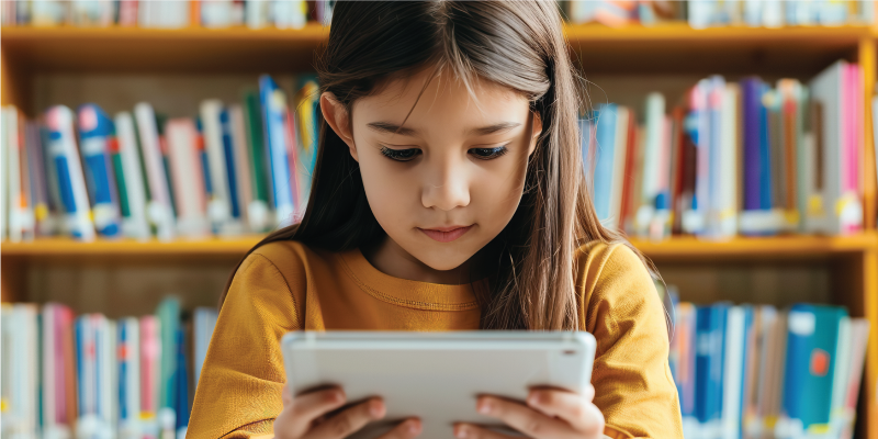 Girl child using a tablet, ignoring books, raising concerns about the role of technology in education