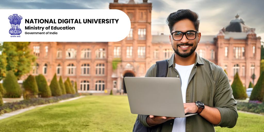 Young Indian student using a laptop on campus, symbolizing the immense potential of National Digital University