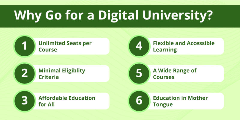 Infographic listing benefits of NDU: Unlimited seats, Accessibility, Diverse courses, etc