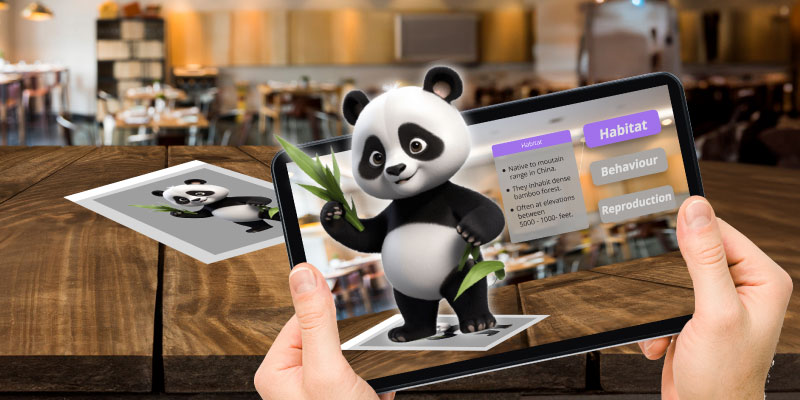 AR technology brings a 3D panda to life, offering interactive educational content about pandas including habitat, behavior, and reproduction