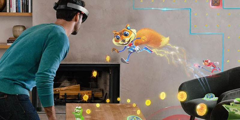 A man engages with MR through a headset, interacting with dynamic 3D animated characters like a flying squirrel and a robot