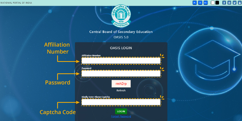  OASIS Login page asking for Affiliation Number, Password, and Captcha Code.