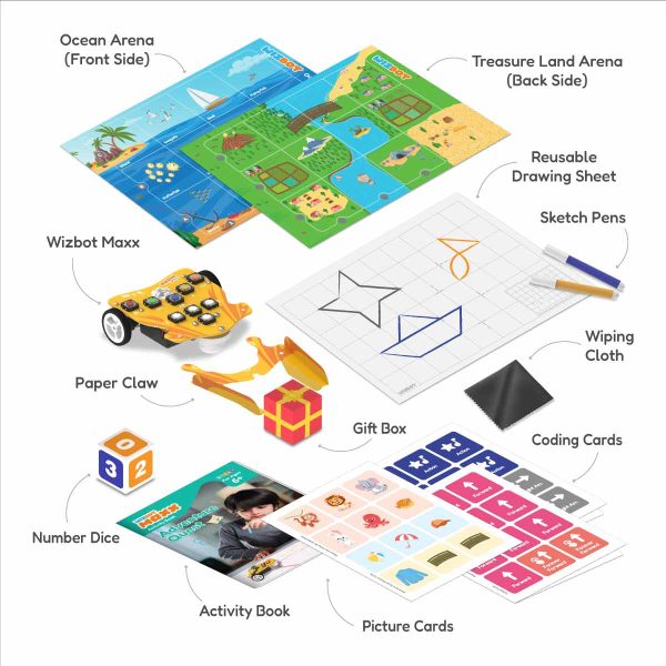 Wizbot Maxx Adventure Quest Kit with Game Arena, Activity booklet, Reusable Drawing Sheets, picture and coding cards for screen-free play time