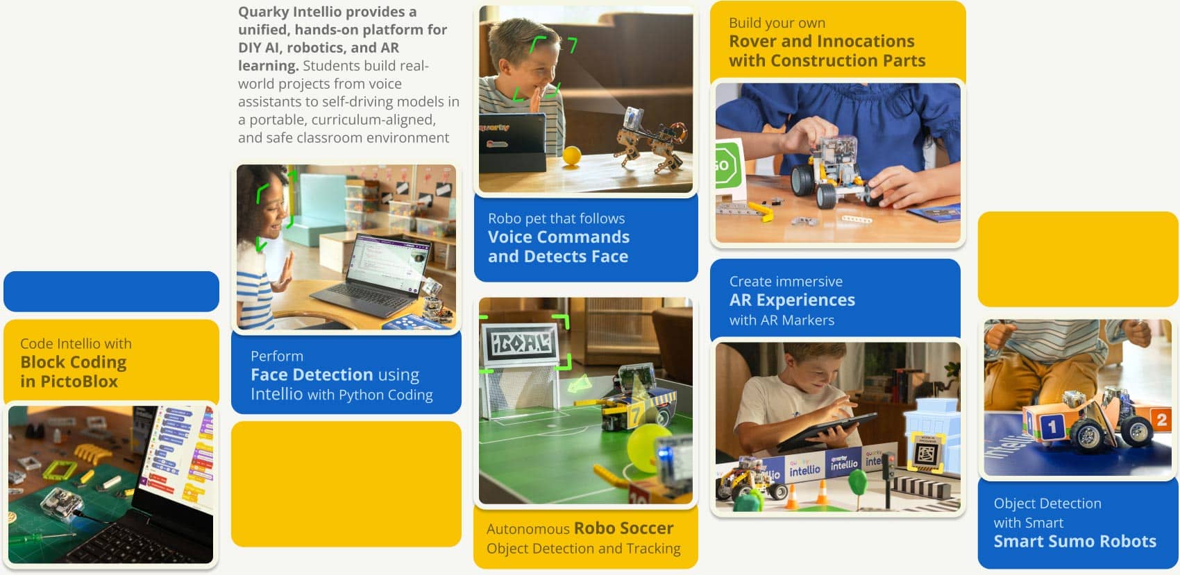 Quarky Intellio use cases, including face detection, AR experiences, and autonomous robotics