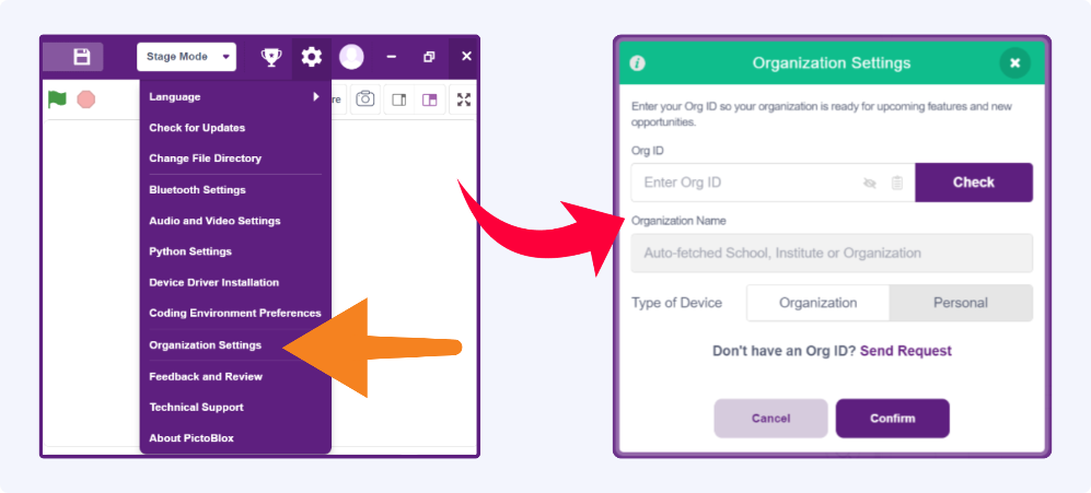 PictoBlox-10-Organization-ID-Settings-flow-redirection