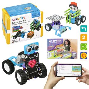 Quarky Ultimate Kit components - Quarky Robot with multiple configurations, AI recognition cards, and PictoBlox.